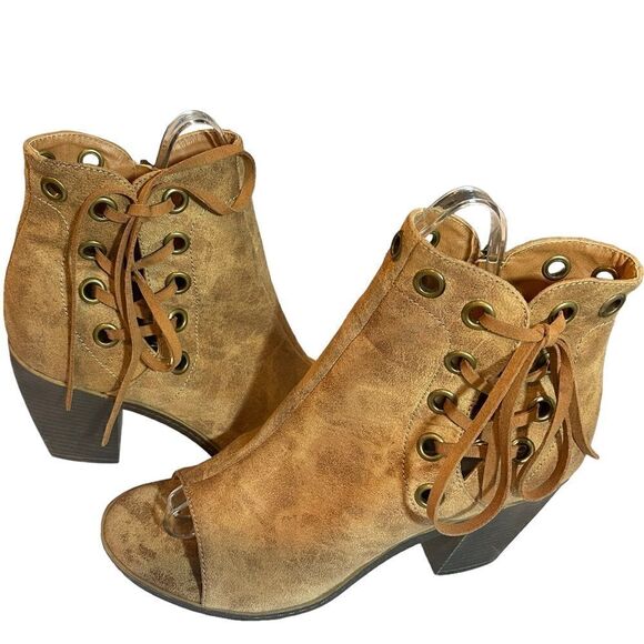 93 Vintage Womens Open Toe Ankle Boots Lace Up Tan Side Zip Vegan 9.5 - Picture 2 of 16